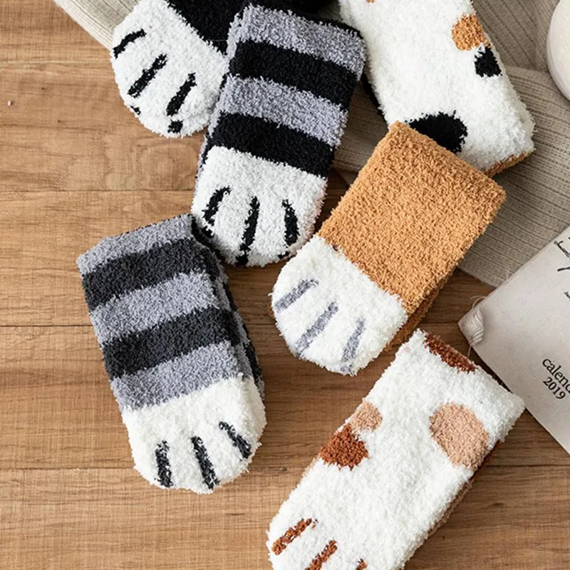 Зимние теплые носки с кошачьими лапами для женщин и девочек; носки для сна; домашние носки-тапочки; толстые носки