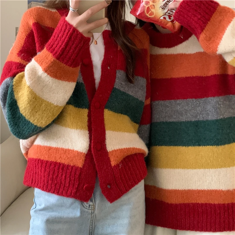 

Autumn And Winter Women's Casual All-Match Rainbow Striped Sweater