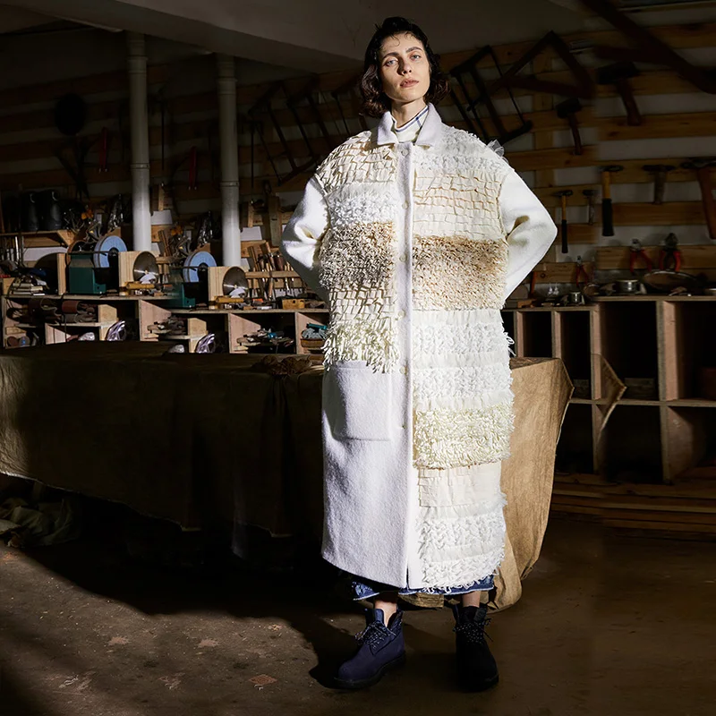 Original Design Autumn Winter Women Elegant Casual Loose Coat Delicate Folds Tassel Thick Warm Rice White 100%Wool Long Jacket