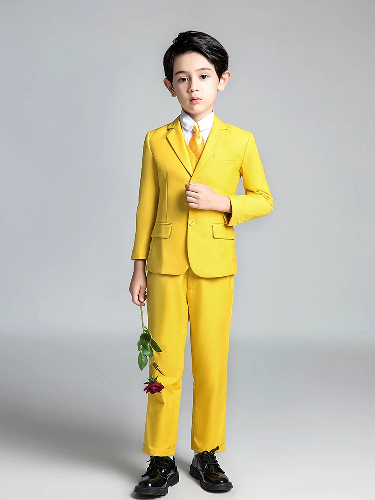 Yellow-5PCS YuanLu костюмы для мальчиков на свадебную вечеринку, Рождество, 5 шт., блейзер, пиджак, Официальный смокинг, детские костюмы, детская одежда желтого цвета - Цвет: Yellow-5PCS