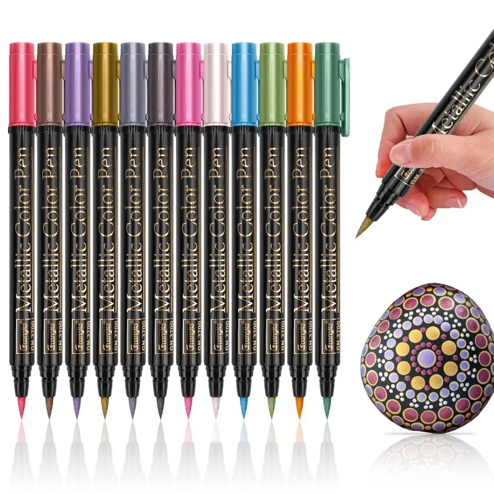 Pluma metálica de alta calidad con base de agua de 2mm, 12 colores/lote, papelería para dibujo de tarjetas en color negro y marrón, material escolar