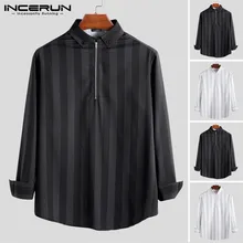 INCERUN Мужская рубашка в полоску с длинными рукавами и отворотом фитнес молнии брендовые уличные модные мужские повседневные рубашки Camisa Masculina S-5XL
