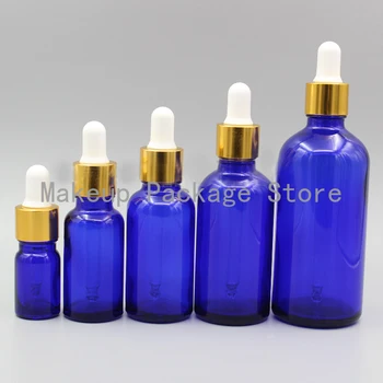 

2/10pcs 5ml 10ml 15ml 20ml 30ml 50ml 100ml Empty Blue Glass Essential Oil Dropper Bottle with Gold Aluminum Cover & White Glue