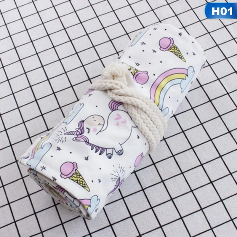 1Pcs 36 48 72Hole Cute Canvas Pencil Case Big Wrap Roll Up Pencil Case School Stationary Pen Brush Bag