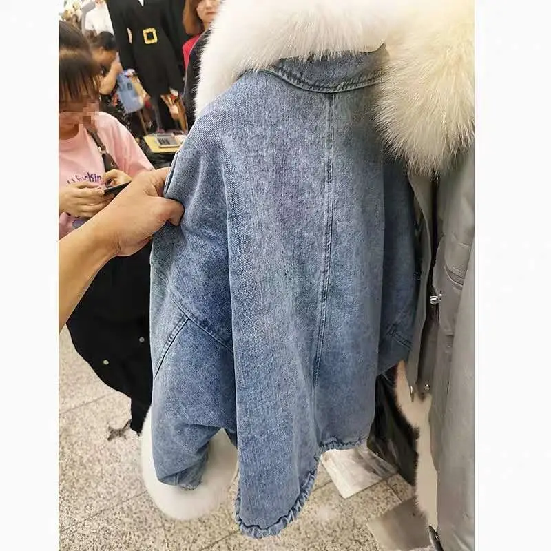 Зима стиль деконструируемый плюш внутренний носить большой меховой воротник джинсовое пальто парка Женская Толстая теплая с хлопковой подкладкой Clo