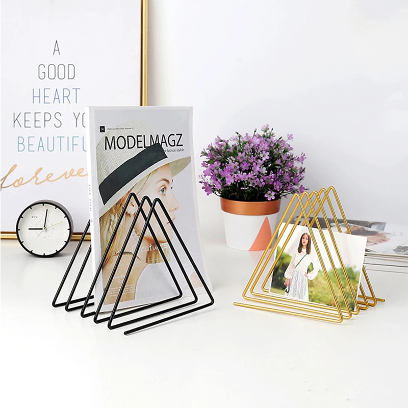 

Metal Triangle Book Shelf Foldable Magzine Rack Nordic Desktop Stand Vinyl Record Storage Holder Creative Newspaper Organizer