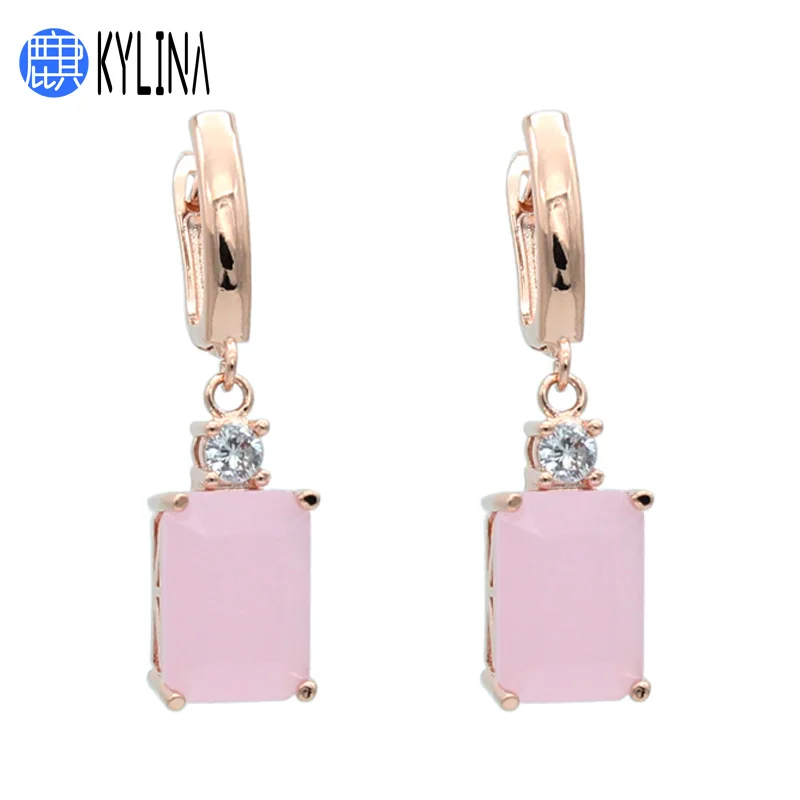 

KYLINA Fashion Temperament Simple Pink opal Square Dangle Earrings 585 Rose Gold White Gold Eardrop For Women Party Jewelry Gift