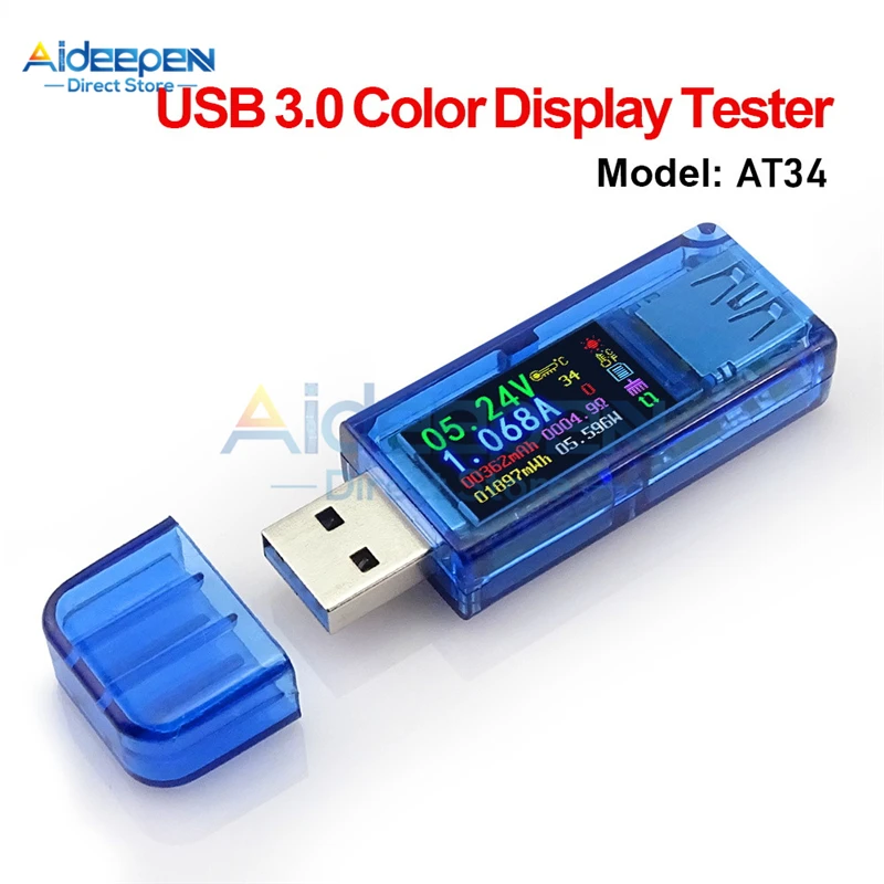 AT34 USB 3.0 컬러 LCD 디스플레이 전압계 전류계 전압 전류 미터 멀티 미터 배터리 충전 보조베터리