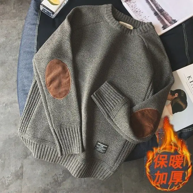 

Japanese Vintage Pullover men's Collegiate patchwork contrast thickened Crew Neck Sweater men's fashion sweater