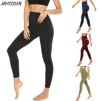 

JAYCOSIN Women's Leggins Sports Pants Elastic Quick Dry High Waist Solid Pocket Leggings Female Running Fitness Pants mjuer