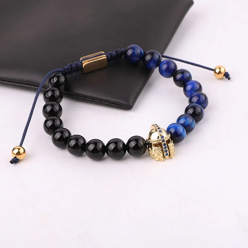 New Design Natural Stone Beads Blue Tiger Eye Helmet Charm Macrame Adjustable Bracelet Men - Image 3