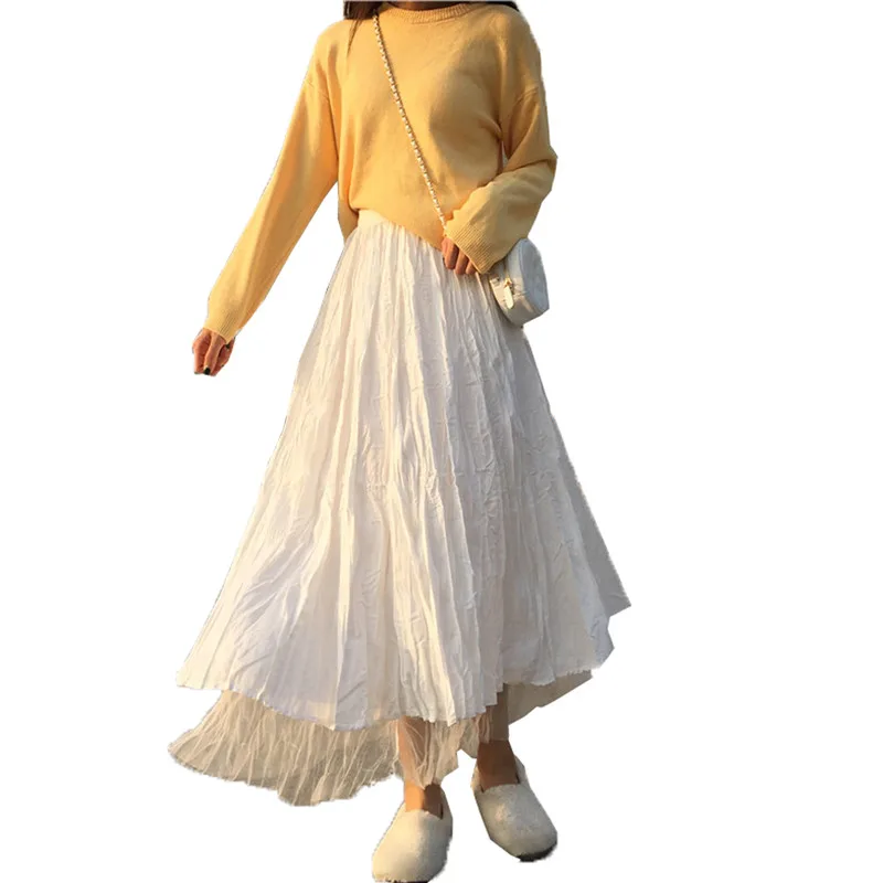 

Women Reversible Skirt, Solid Color High Waist Mesh Patchwork Pleated Skirt (White, Black, Apricot) Korea tender Long Skirts