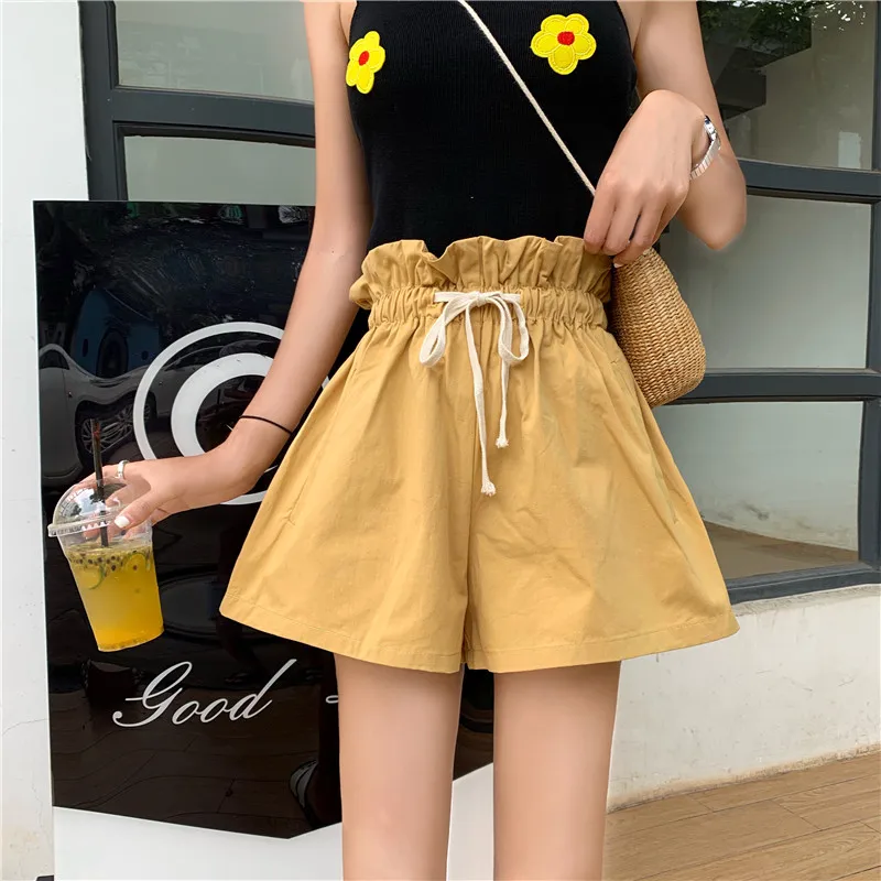 Yellow Новые женские шорты летние осенние шорты с высокой талией Женские однотонные повседневные эластичные талии свободный крой обтягивающие шорты с карманами - Цвет: Yellow