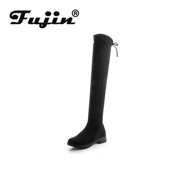 

Fujin Women's Thigh Boot Fleece Lined Round Toe 2020 Fashion Flat Bottom Causal Breathable Flock Solid Slip Hoof Heels Boots