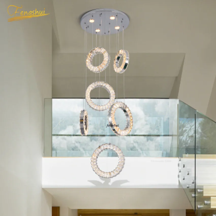 

Modern LED Crystal Chandeliers Ring Long Hanging Lamp Luxury Individual Duplex Spiral Staircase Lights Living Room Decor Fixture