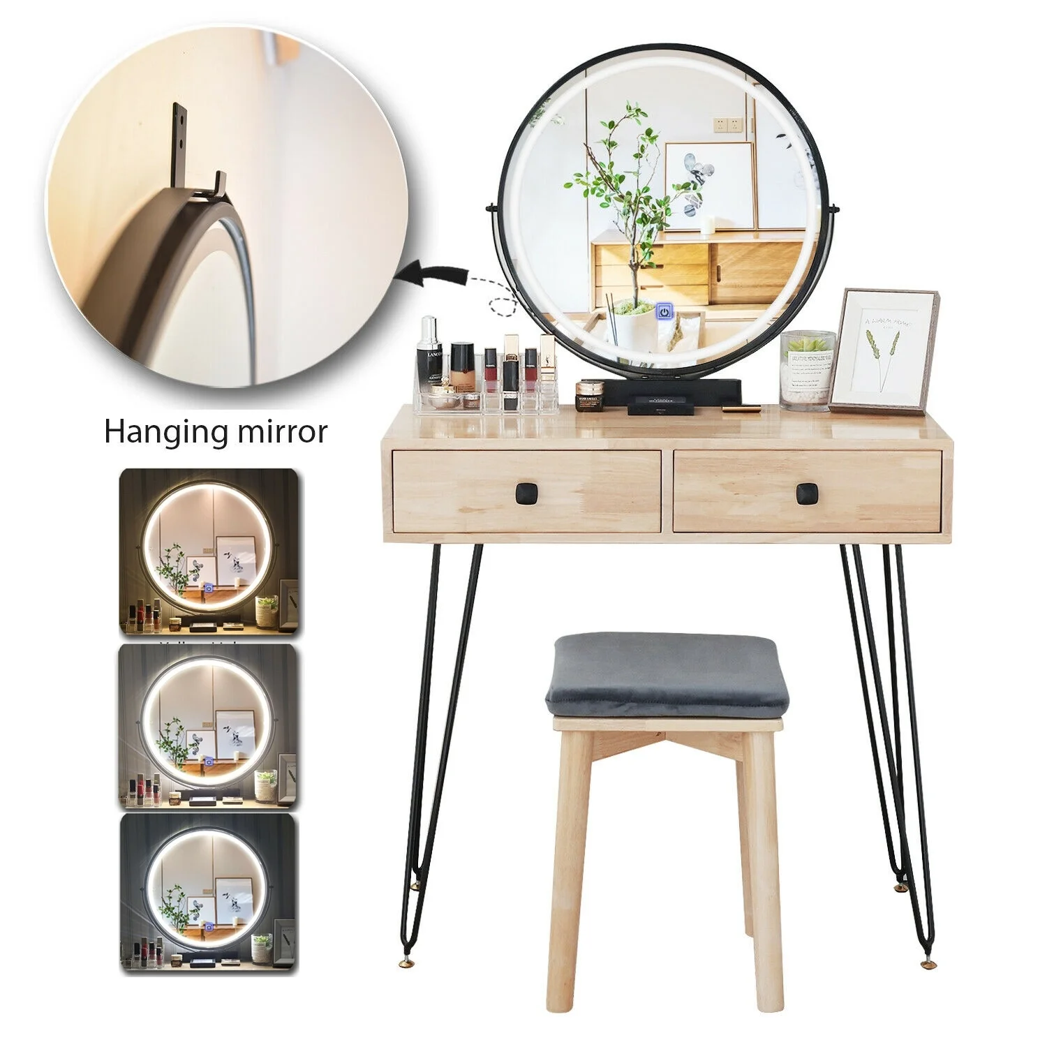 

Makeup Vanity Dressing Table Set Round Led Mirror Wood Desk w/ Stool 2 Drawers