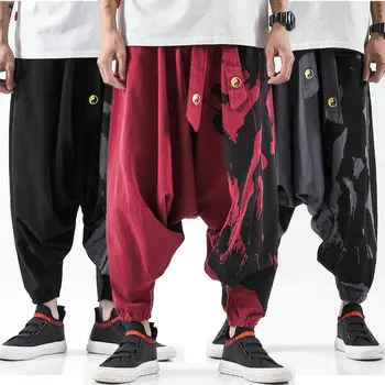New mens cross pants harajuku style harem pants male loose cotton linen sweatpant mens casual