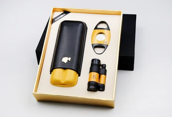 

COHIBA Luxury Cigar Suit with 2 Tube Leather Humidor & Cigar Cutter Scissors & Cigar Lighter For Travel Office Cigar Gift Set