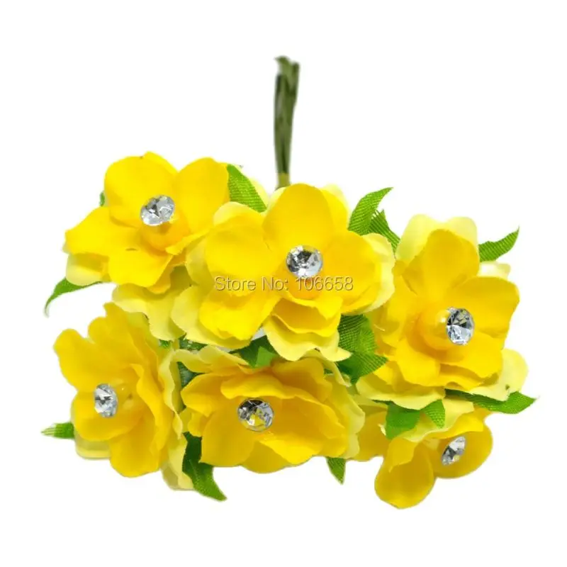 6pcs Artificial cloth flower with wire stem with diamond for