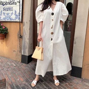 

Bornsra 2020 Summer Korean Buttons Slim Hubble-bubble Sleeve Woman Dress Puff Sleeve Button Solid A-Line Vintage White Dress