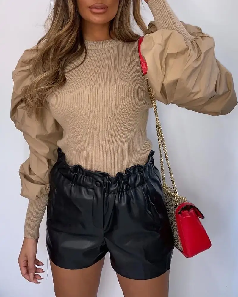 

2019 Autumn Winter Fashion Solid Patchwork Chiffon Puff Sleeve Blouse Workwear Round Neck Autumn Long Sleeve Casual Blouse Tops