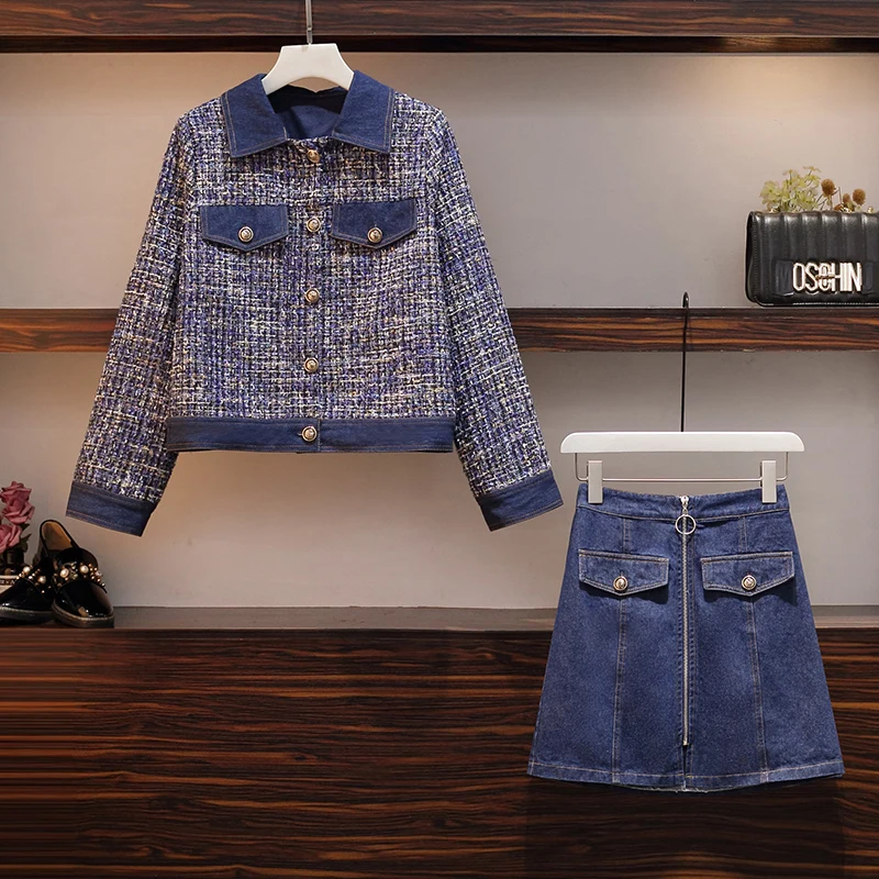 New arrival Tweed Set Suit Autumn Winter Women's Single Breasted Short Jacket Coat+ High Waist Demin Bodycon Mini Skirt Set