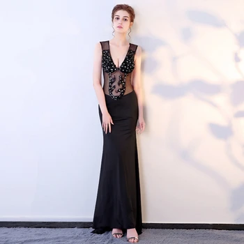 

Nightclub sequins to seduce women sexy V-neck low-cut mesh gauze see-through backless dress temperament evening dress long skirt