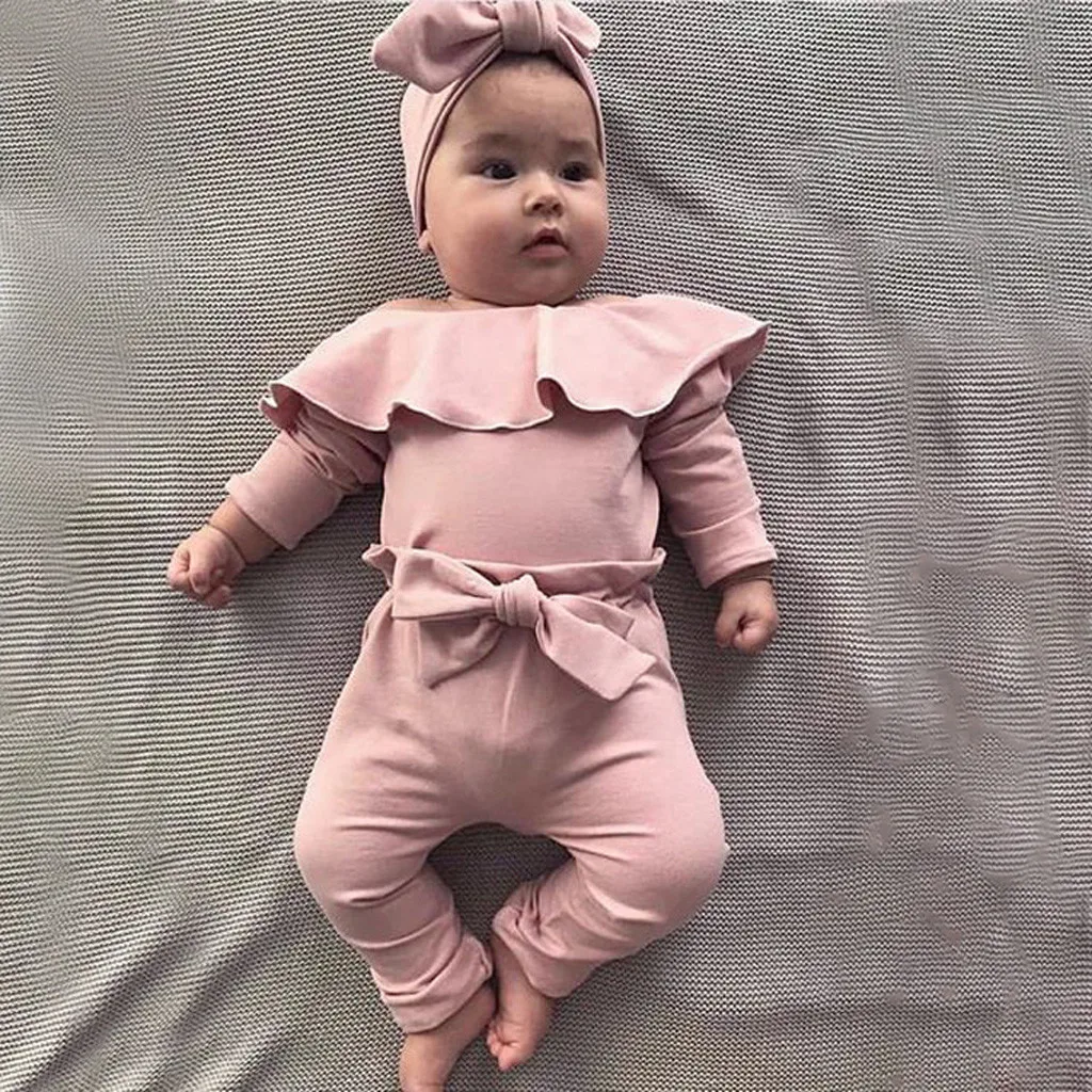 

New Born Baby Clothes Frill Solid Romper Bow Pant Outfits Infantil Clothing Costume Baby Girl Romper Baby Clothes Kids Suit 2019