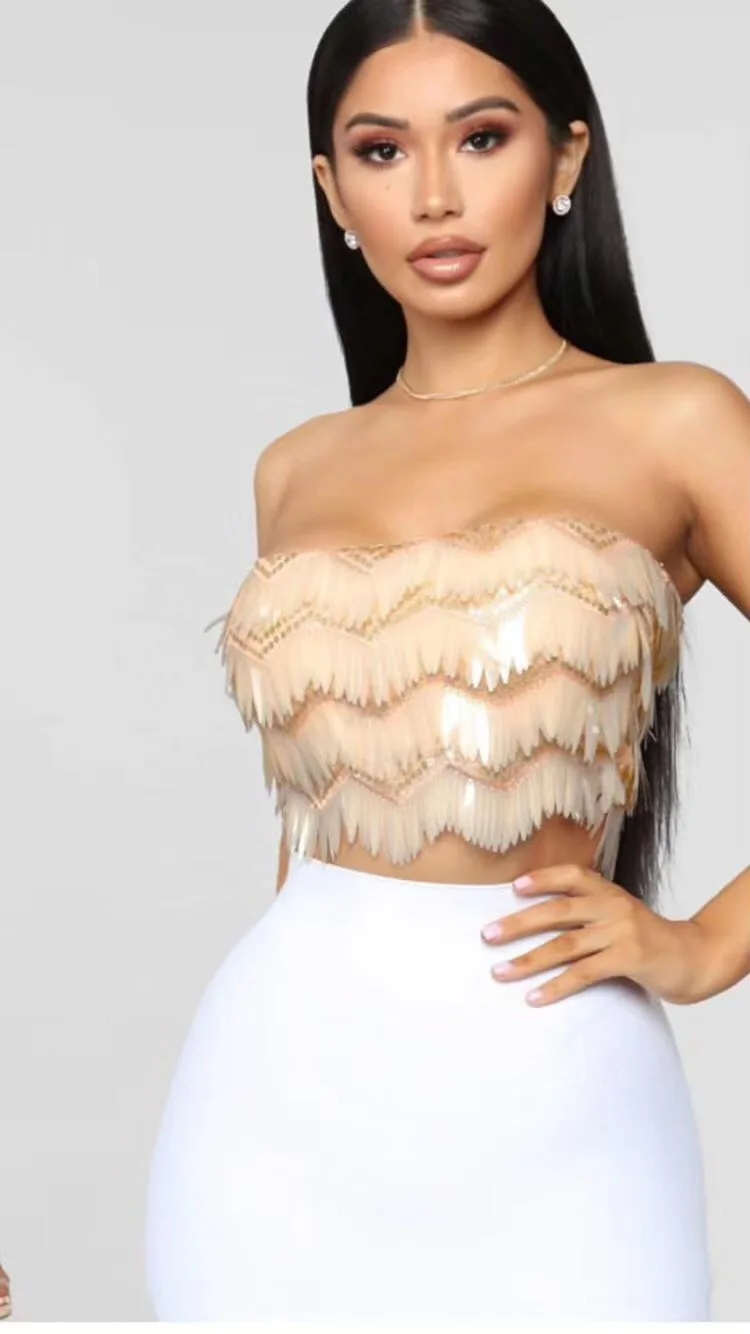 

Top Quality Girl Sexy Strapless Sequined 3 Colors Rayon Bandage Tops Women Tight Fashion Tops