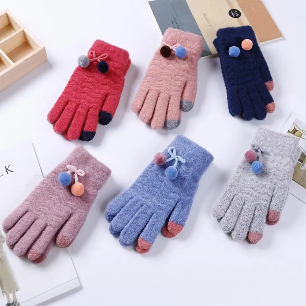 New Women Gloves Knit Gloves with Cute Plush Ball Warm Hands Keeper Lady Touch Screen Gloves Female For Winter