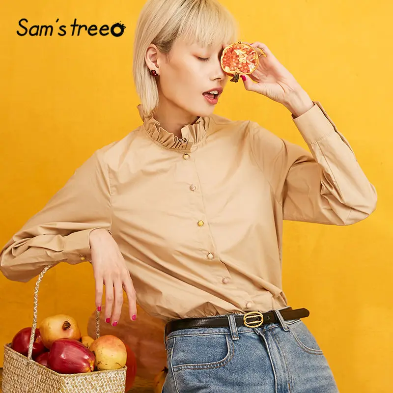 

SAM'S TREE Khaki Solid Ruffled Stand Collar Blouse Women 2019 Autumn Long Sleeve Single Button Casual Office Ladies Tops