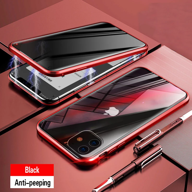 Магнитный чехол из закаленного стекла для iphone 11 Pro MAX X XS XR 8 7 6 6s plus, Защитный металлический чехол с защитой на 360 ° - Цвет: Red