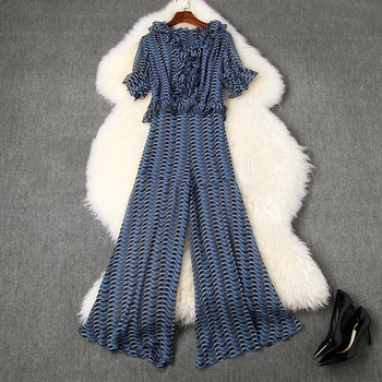 

TOP QUALITY Newest 2020 Stylish Runway Suit Set Women's Short Sleeve Ruffle Plaid Blouse Loose Pants Set
