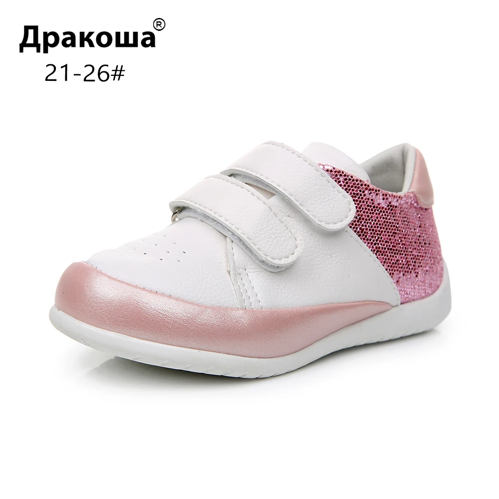 Apakowa/модные блестящие легкие кроссовки для маленьких девочек с застежкой-липучкой, дышащие спортивные кроссовки для бега, белые кроссовки для девочек