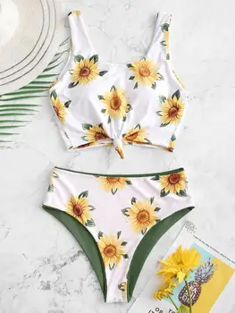 

High Waist Two-Pieces Swimsuit 2020 Floral print Swimwear Sunflower Print push up padded Bathing suit Summer Beach Wear Femme