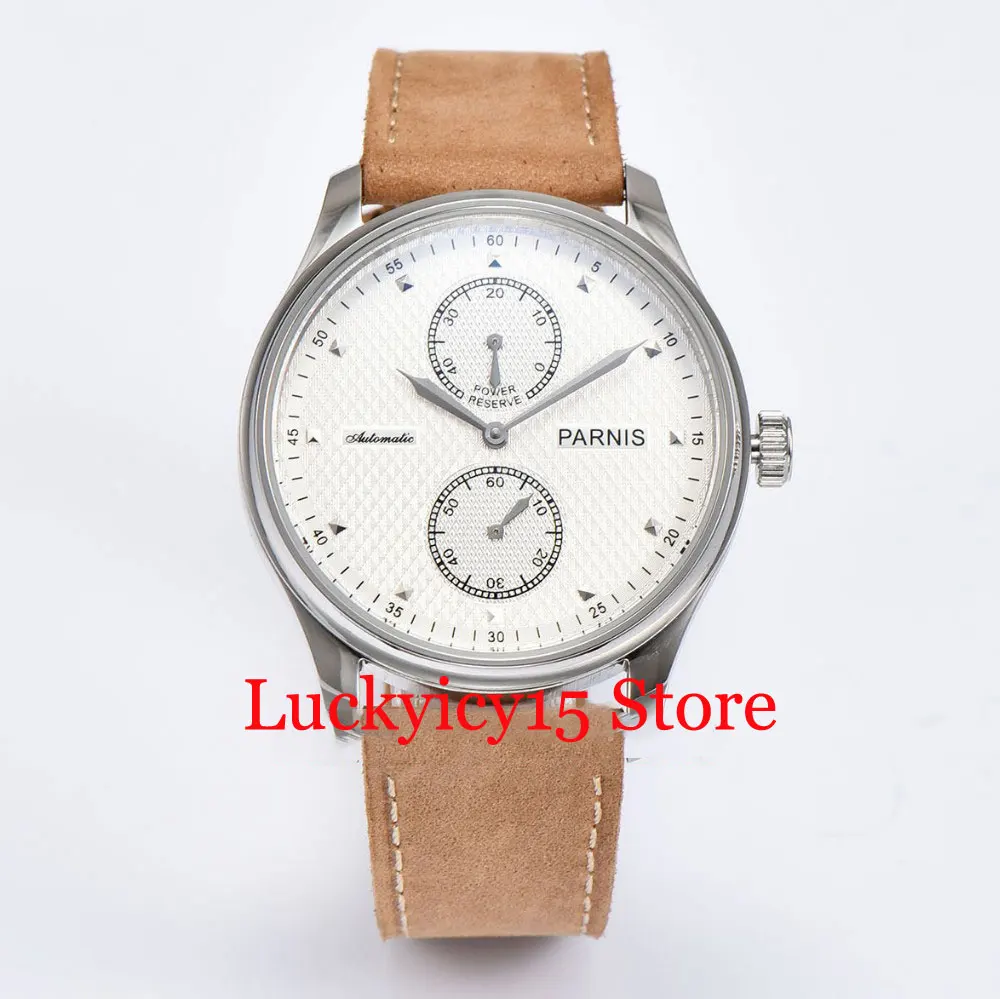 

PARNIS White Dial Men's Watch ST 2542 Movement 43mm Silver Watch Case Power Reserve Indicator Self Winding Wristwatch