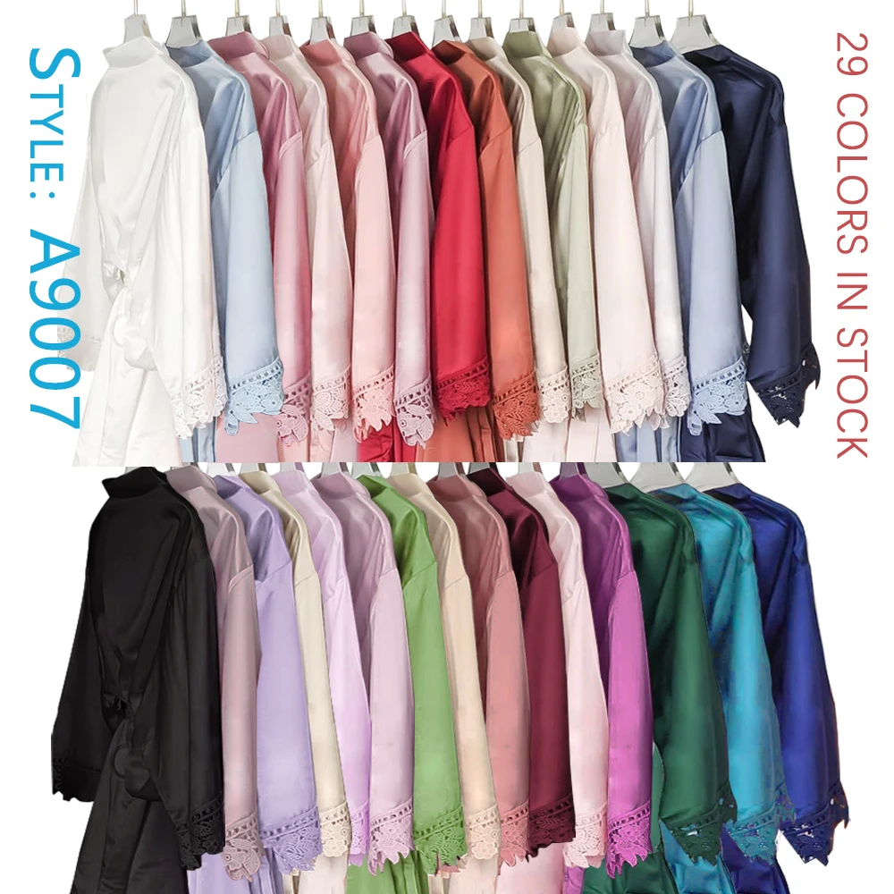Women Dressing Gown Silk Satin Bathrobe Short Style Lace Trim Bridal Robe women sleepwear bride robes silk robe sleepwear pajamas