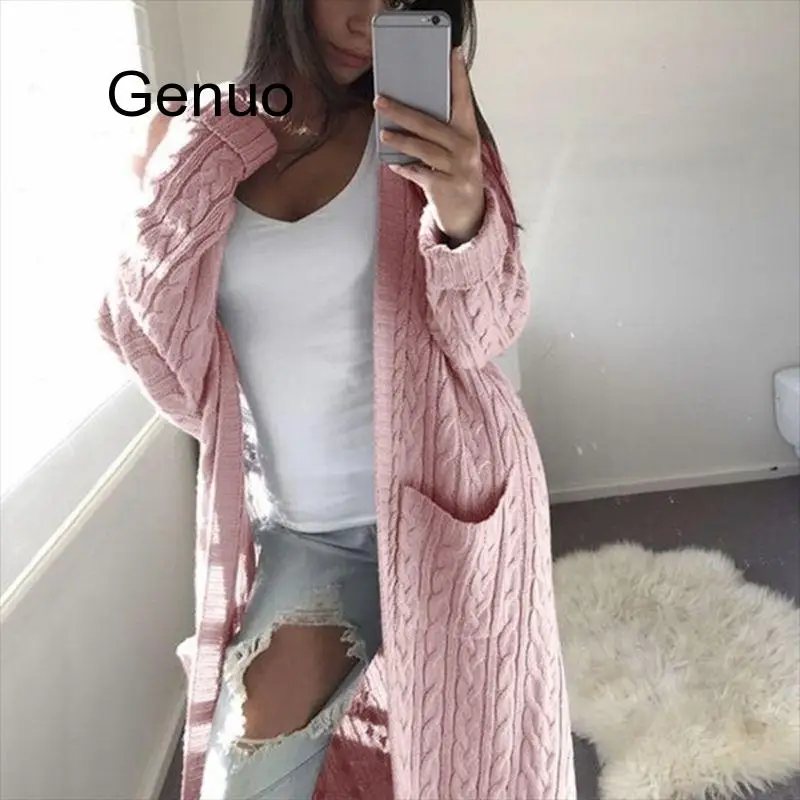 

New Cardigan Coat Womens Pockets Sweater Long Women Warm Sweater Thick Knitted Female Sweater Winter