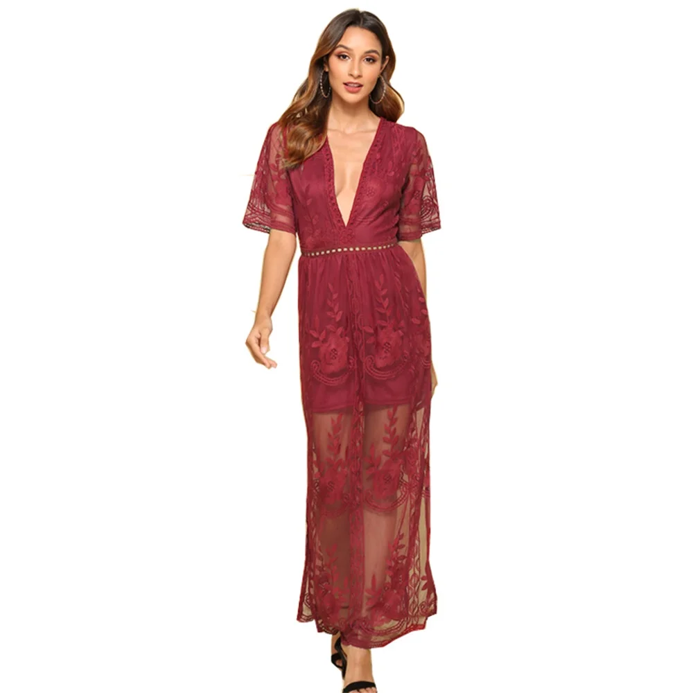

New Women Dresses Full Lace Hook Flower Sexy Hollow Deep V-neck Dresses Elegant Maxi Long Dress Bohemian Beach Dress Vestidos