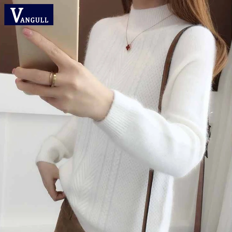 Вязанный женский свитер Vangull с высоким воротником, длинный рукав, толстый мягкий женский пуловер, зима, Теплый однотонный джемпер - Цвет: White
