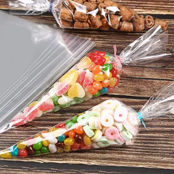 

50/100/200Pcs Clear Cellophane Packing Bag Candy Cone Bags Flower Gift Bag Sweet Popcorn Plastic Bag Wrapping Birthday Wedding