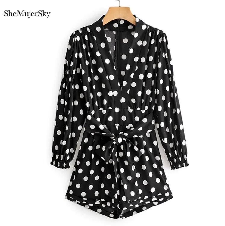black playsuit SheMujerSky женский комбинезон в черный горошек с пышными рукавами, бандажный комбинезон с v-образным вырезом, Осенний комбинезон - Цвет: black playsuit