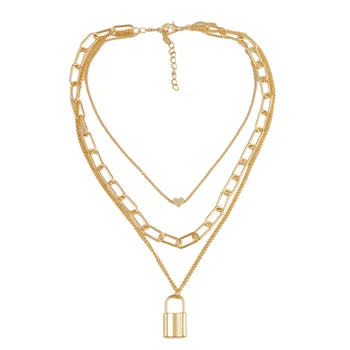 

heart lock three layers necklace fashion choker gold rhodium chain