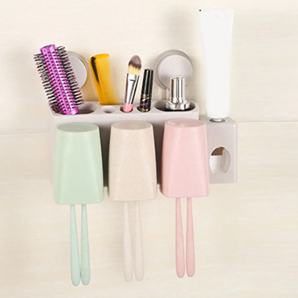 Wheat Straw Sucker Wall Mount Tooth Brush Holder Wash Suit with 3 Cups Toothpaste Squeezer Bathroom Accessories