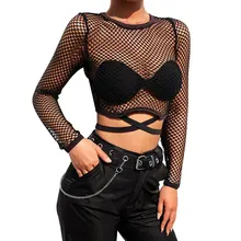 

2021 Sexy New Fashion Shiny Thin Long Sleeve T-shirt Spring Black Transparent O-neck Short Bottoming Women Tops Party Nightclub