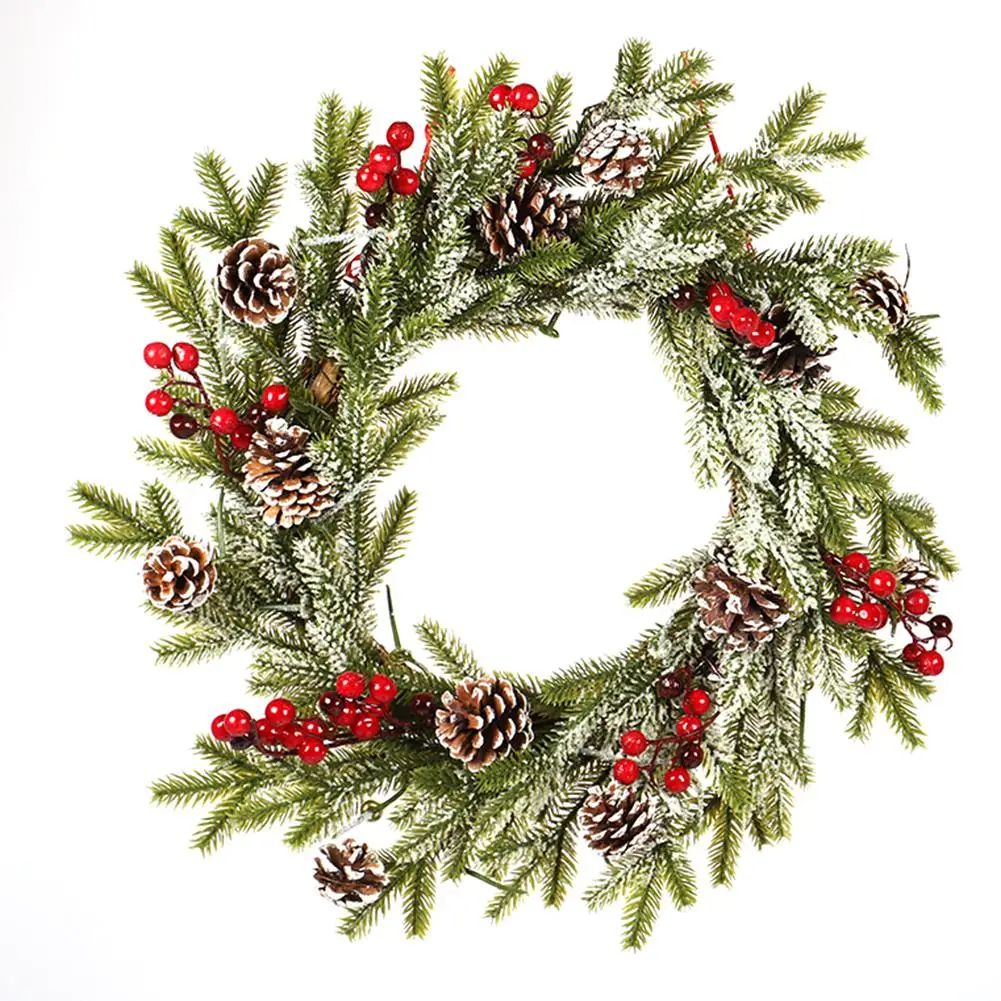 New Sticky PE Pine Cone Red Fruit Wreath Christmas Decoration White Flocking Pendant with Frost Ornaments Pendant Decor