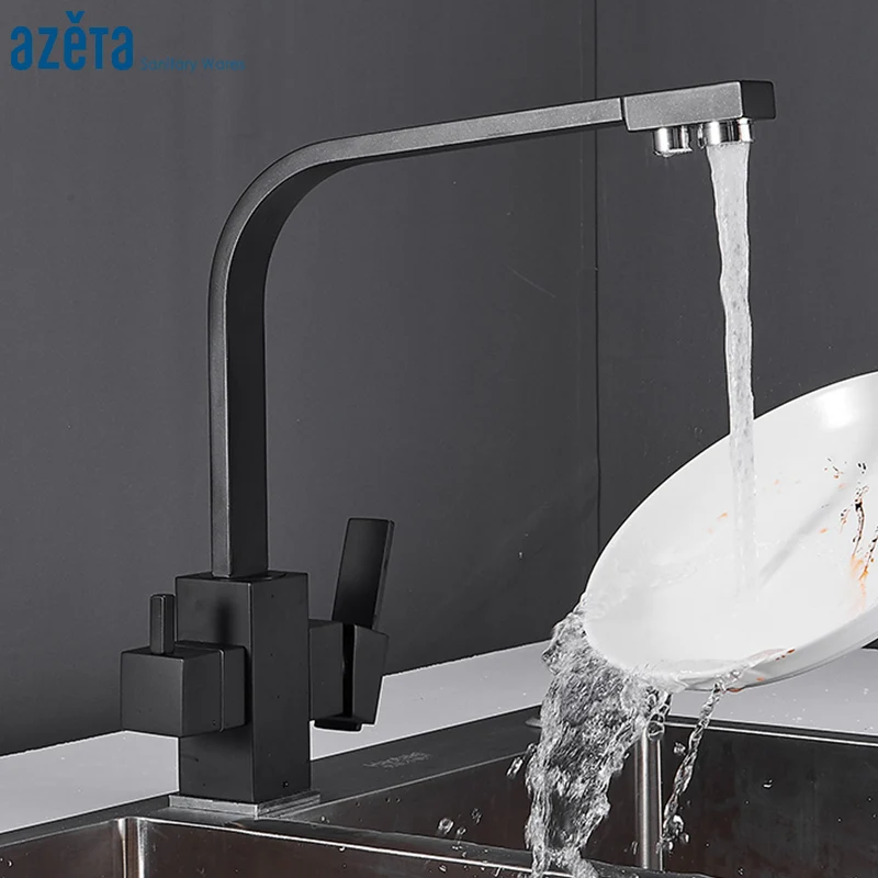 Azeta Filter Kitchen Faucets Black Brass 360 Degree Rotation Mixer Tap 3 Way Faucet Drinking Water Sink AT9638B | Обустройство дома