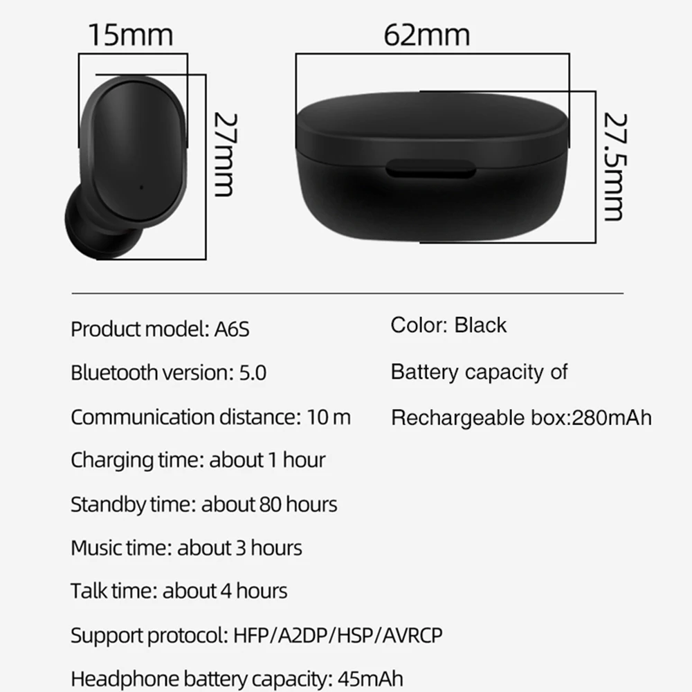 Хит, A6S tws, беспроводные наушники, bluetooth 5,0, мини наушники с 280 мАч, зарядный чехол, беспроводная гарнитура для спорта