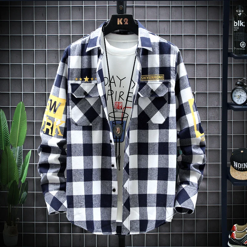 Spring Summer Cotton Shirts 2021 Hot Style Printed Plaid Casual Shirt Long Sleeve Coats Men Size M-4XL Dropshipping Streetwear