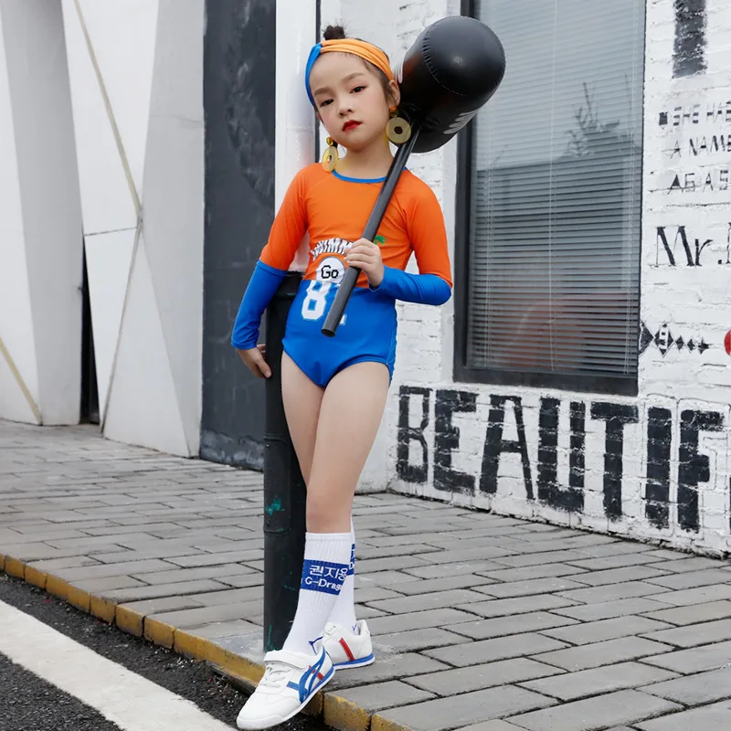 

Sports-Style KID'S Swimwear Girls Siamese Swimsuit Contrast Color Popular Brand Long Sleeve Sun-resistant Triangular Hot Springs